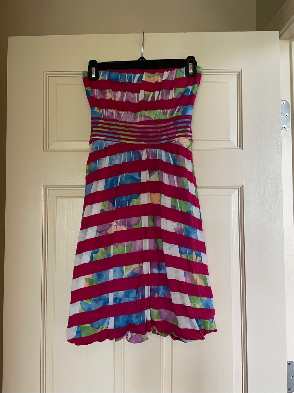 Striped Strapless Summer Dress in Fuchsia and Multi-Color